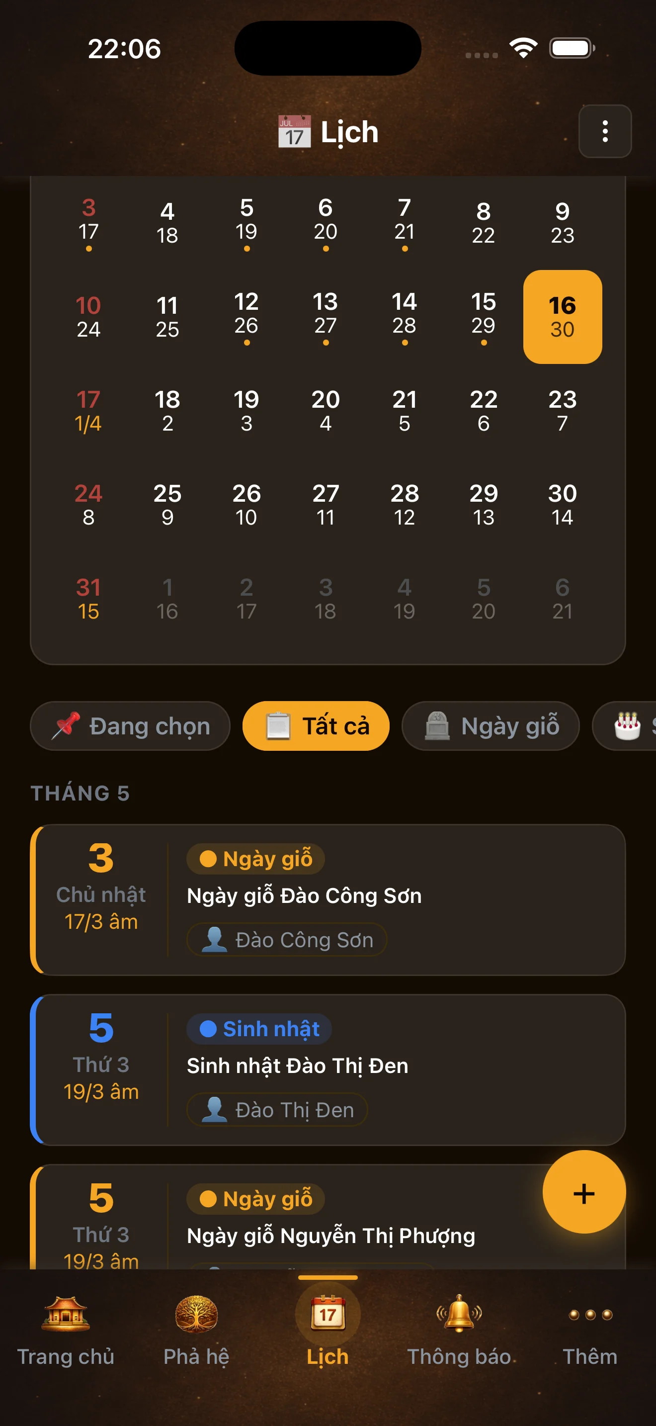 Lịch lễ & giỗ