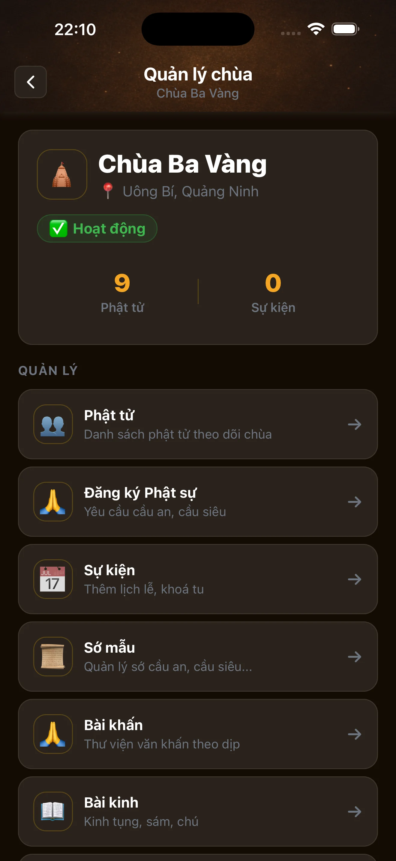 Dashboard quản lý nhà chùa